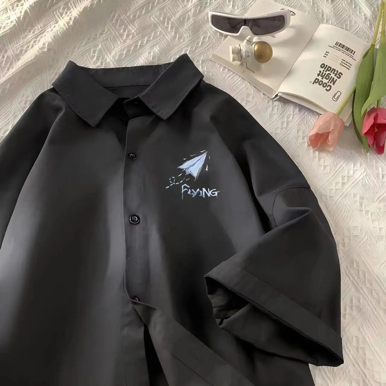 

Свободная повседневная футболка из полиэстера для мужчин, летняя, с принтом «Бумажный самолет», из ледяного шелка, свободная, верхняя одежда для больших размеров