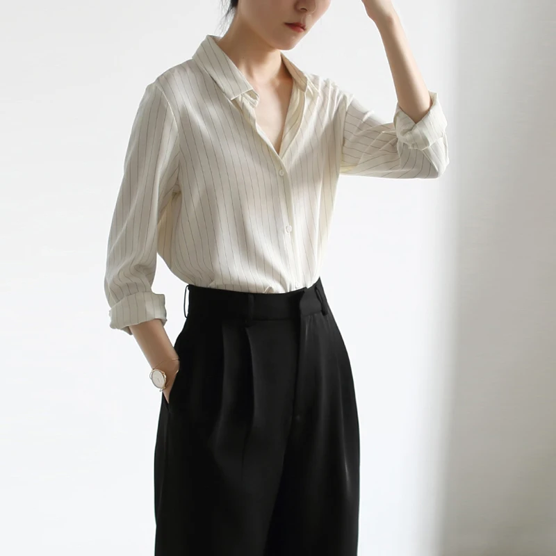 Preto damasco branco manga comprida camisas listradas moda feminina senhora do escritório camisa formal coreano solto blusas casuais femininas topos