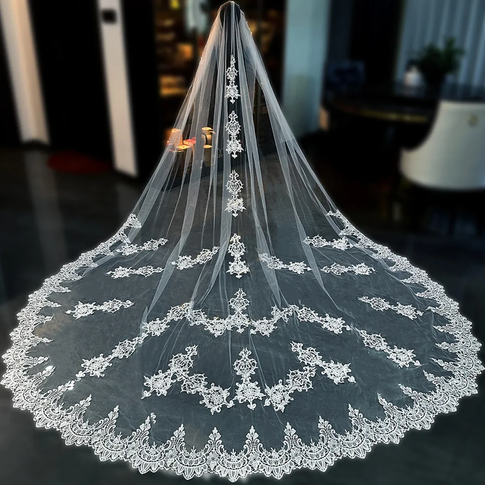 3*3.5m Long Wedding Veil with Comb Soft Tulle with Floral Applique Fancy Long Ivory Bridal Veils