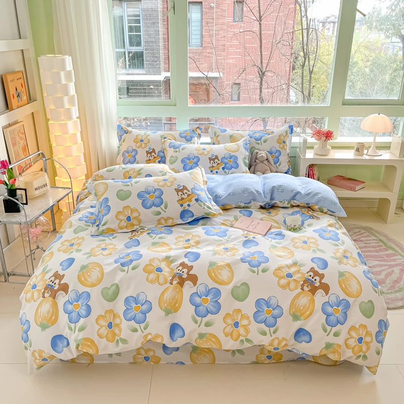 Kawaii Cartoon Squirrel Duvet Cover Single King Size, Cotton Botanical Flower Comforter Cover 3PCS Soft Reversible Bedding Set