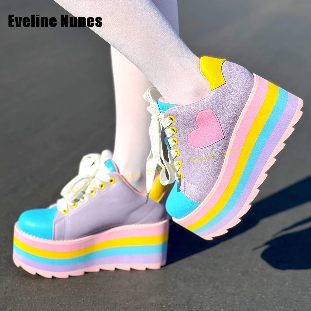 

Rainbow Heart Platform Sweet Sneakers Round Toe Thick Sole Lace Up Mixed Colors Women Fashion Pumps 2025 Spring Y2K Dress Shoes