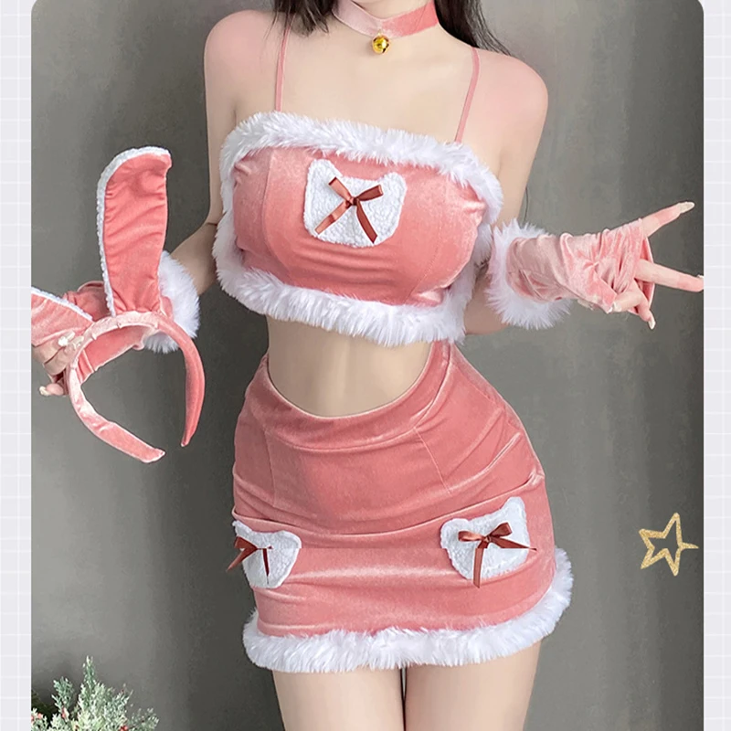 Christmas Sexy Lingerie Set Role Play Bunny Girl Costume Rabbit Cosplay Dress Sexy Maid Uniform Nightwear Top+Skirt Santa Suit