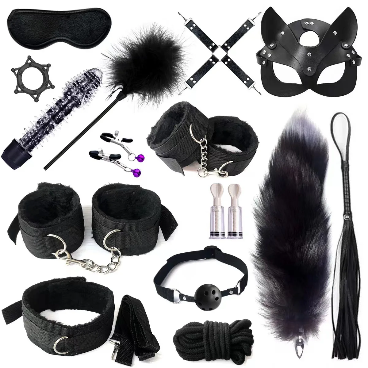 15-Piece Sex Game Whip Gagged Nipple Clip Couple Sex Toy Mood Accessories Sexy Leather BDSM Kit Plush Sex Bondage Kit Handcuffs