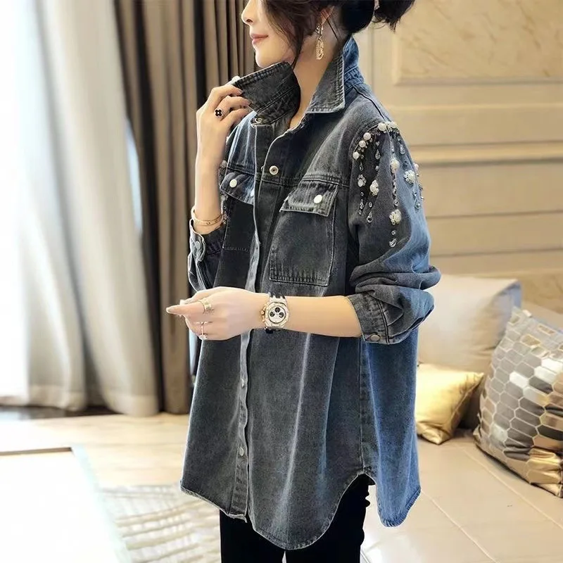 

Women Retro Blue Denim Shirt Pearls Beading Single Breasted Female Pockets Lapel Vintage Harajuku Autumn Spring Jean Jacket Y2K