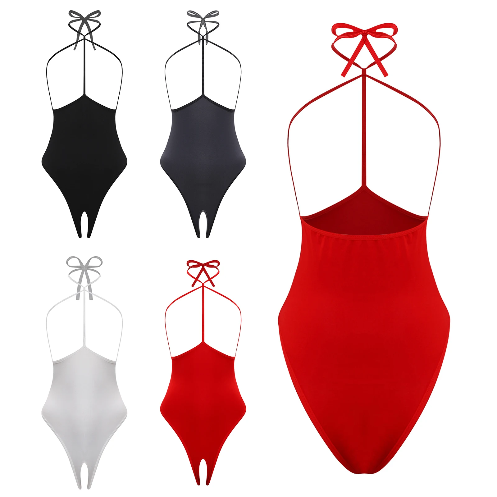 

Women Sexy Open Cups Crotchless Lingerie Bodysuit Lace-up Halter Exposed Breasts Slim-fit Leotard Couple Games Raves Nightwear