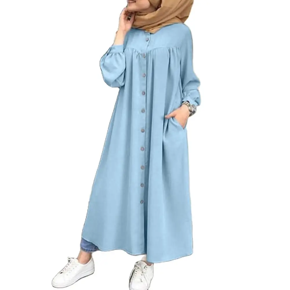 

Vintage Women Dress Muslim Long Puff Sleeve Buttons Loose Maxi Dresses Elegant Shirt Dress Party Robe