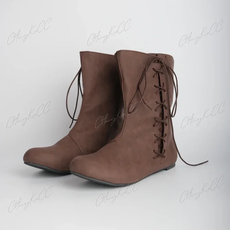 Disfraces medievales de Carnaval para hombre y mujer, botas de cuero con cordones de caballero, cazador, príncipe, Pirata Vikingo, accesorios de escenario, zapatos Retro