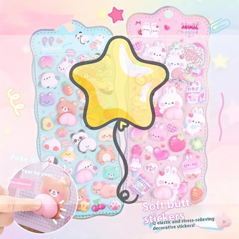 Kawaii Cartoon 3D Fart Peach Stereo Sticker Stereoscopic Lovely Animals Relieve Stress Stickers DIY Decor Stickers Supplies