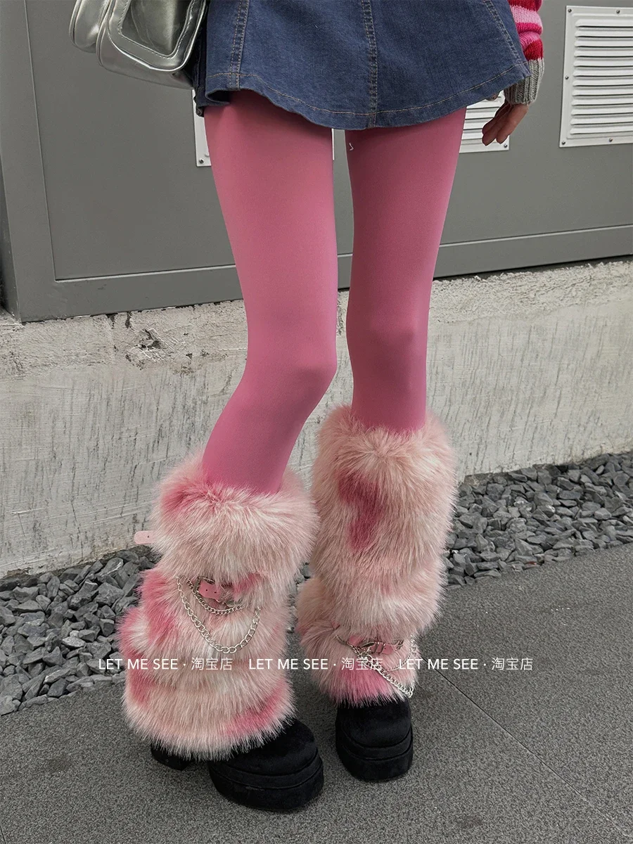 Tie Dye Leg Warmers Chain Harajuku 2000s Gradient Personality Leg Cover Faux Fur Socks Spicy Girl Y2k Boots Cover Socks