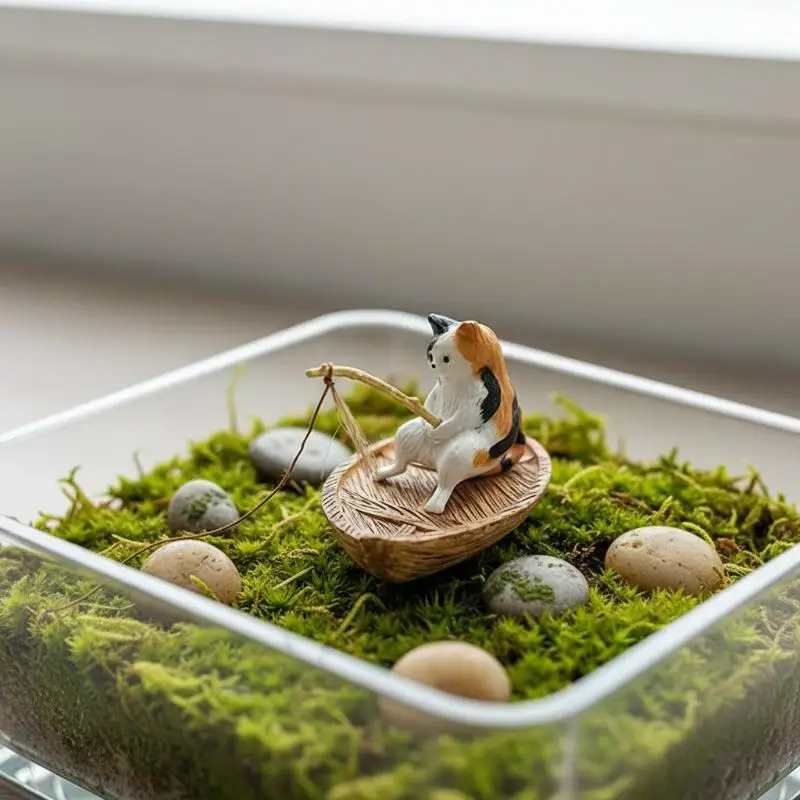 Creative Cat Fishing Boat Aquarium Decor Resin Ornament for Lively Fish Tank Enhancement