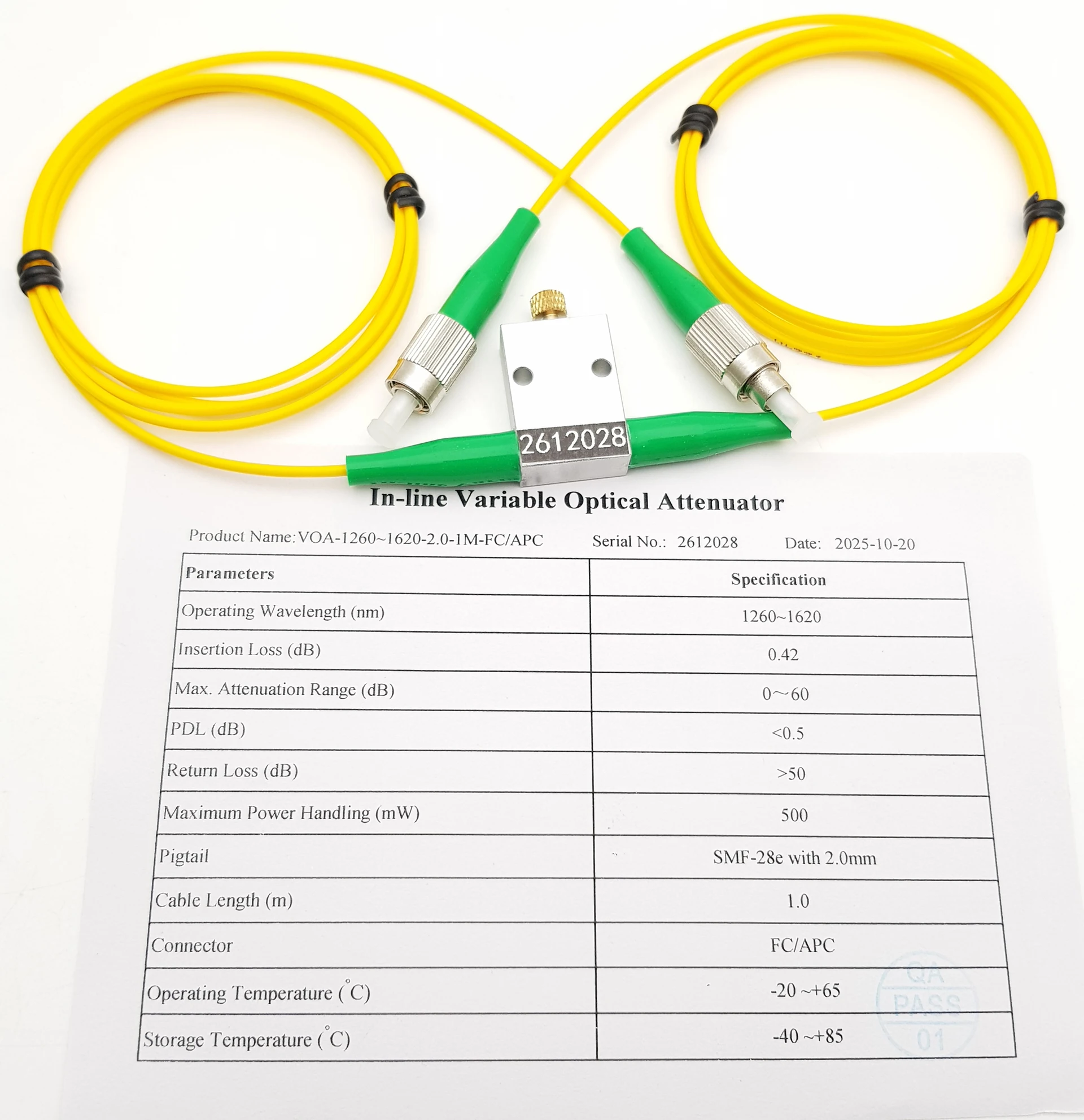In-line Mechanical Variable Online Attenuater With VOA-1260~1620-2.0mm-1M FC APC Cable ConnectorFiber Optic Adjustable 0-60dB