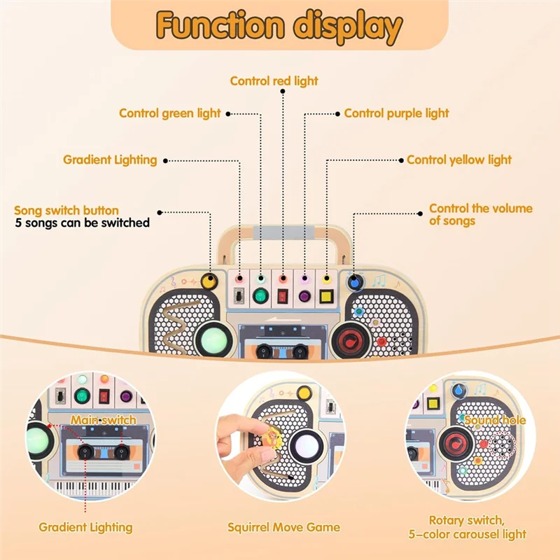 

A19Q-Montessori Wooden Digital Voice Recorder,5 Music Toggle Switchs Toy,Toddler Busy Board With 7 LED Light Montessori Toy