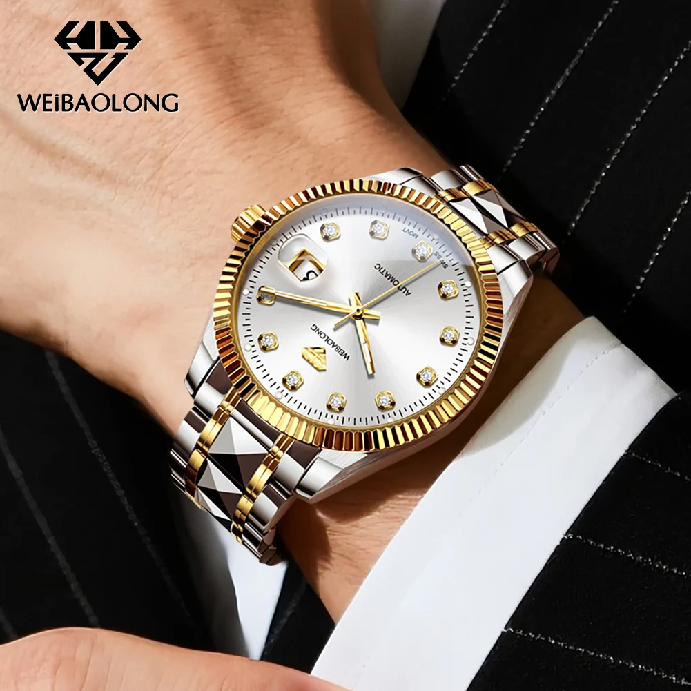 ساعة WEIBAOLONG سويسرية للرجال من الماس الحقيقي ساعات مضيئة مقاومة للماء عميقة للرجال ساعة ميكانيكية أوتوماتيكية فاخرة