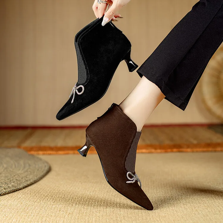 2025New Women Ankle Boots Brown Suede Autumn Short Botas Crystal Bowknot Med Heels Prom Botines Femmes French Design Zapatos