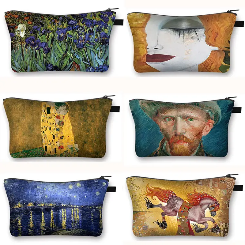 Gustav Klimt By Famous Oil Painting Cosmetic Case Women MakeUp Bags Van Gogh Irises Zipper Lipstick Toiletry Case Gift