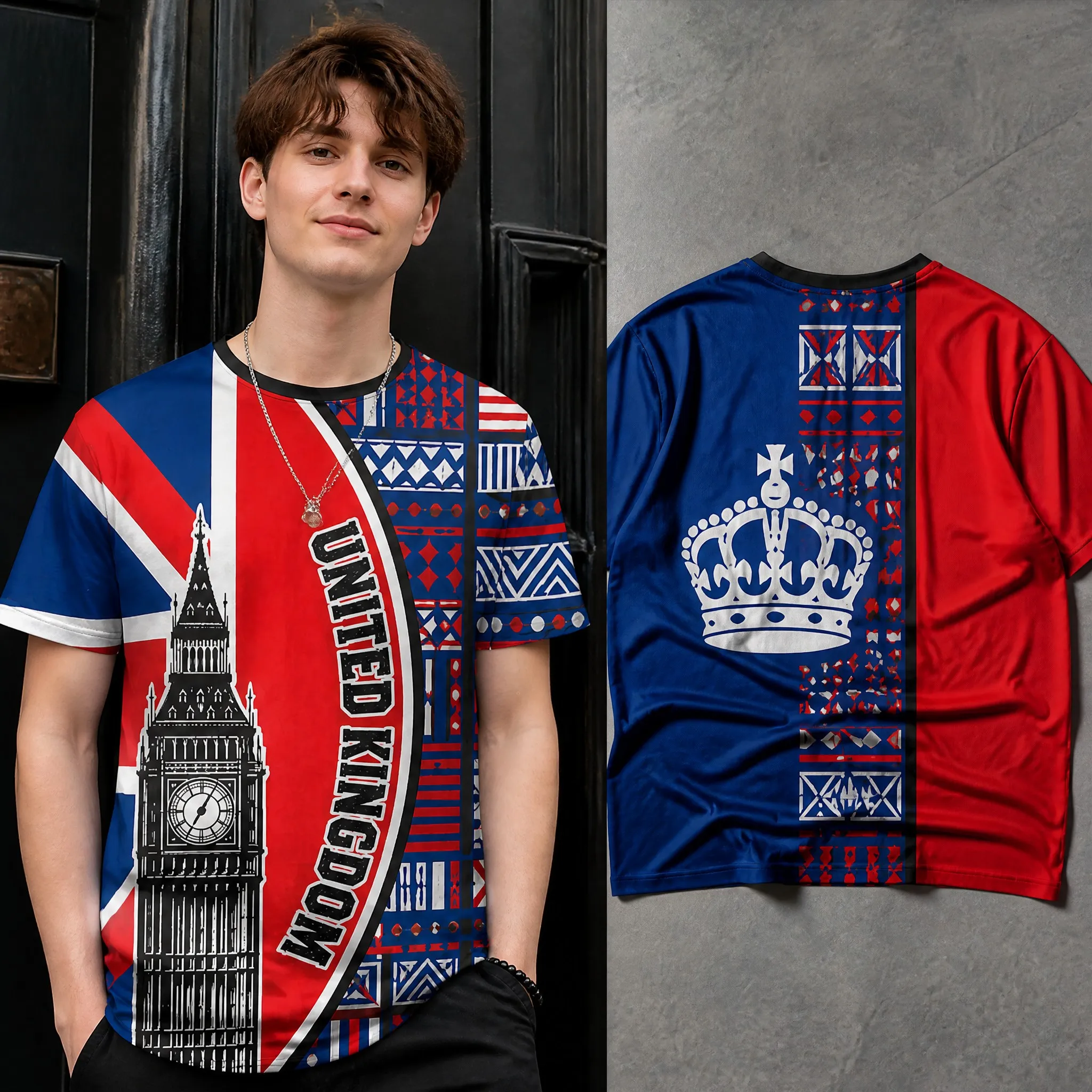 Mens Round Neck T Shirt United Kingdom Big Ben Flag Panel Print Short Sleeve Casual Graphic Tee Street Fashion Street Casual Top