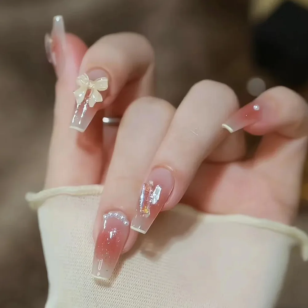 Naked Strip Medium Length Ballet Nail Nude French Gradient Fake Nail Fashionable And Simple Temperament Waterproof Fake Nails