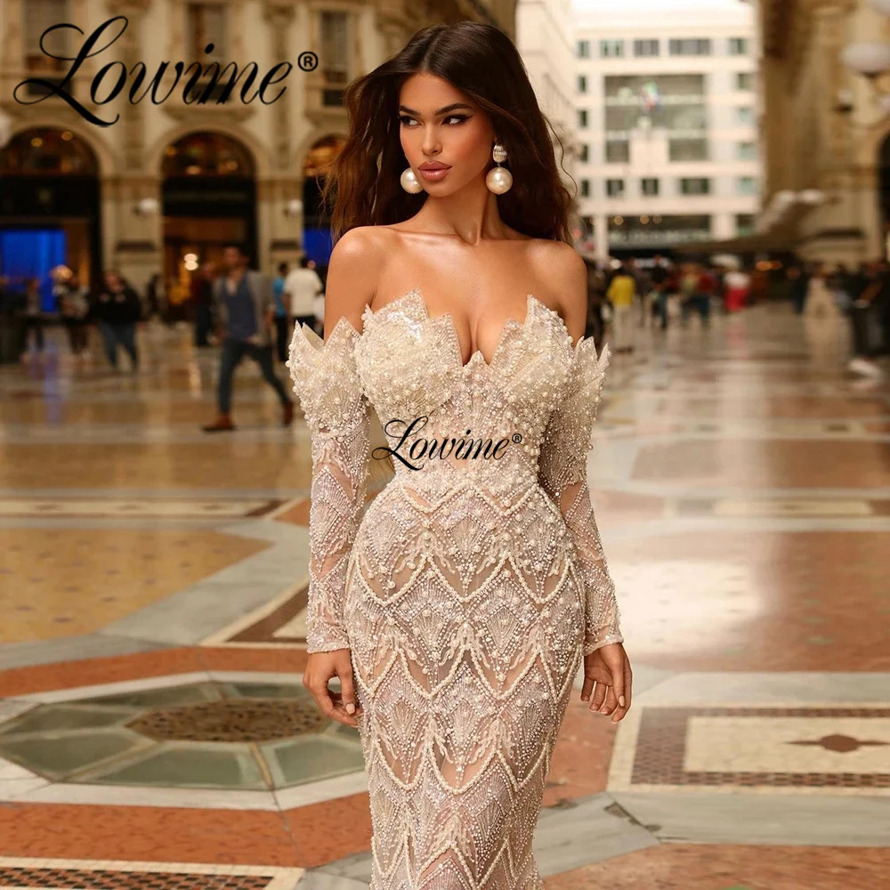 Newest Luxury Evening Dresses Arabic Dubai Off Shoulder Beaded Pearls Party Dress Mermaid Long Prom Formal Gowns Celebrity Dress