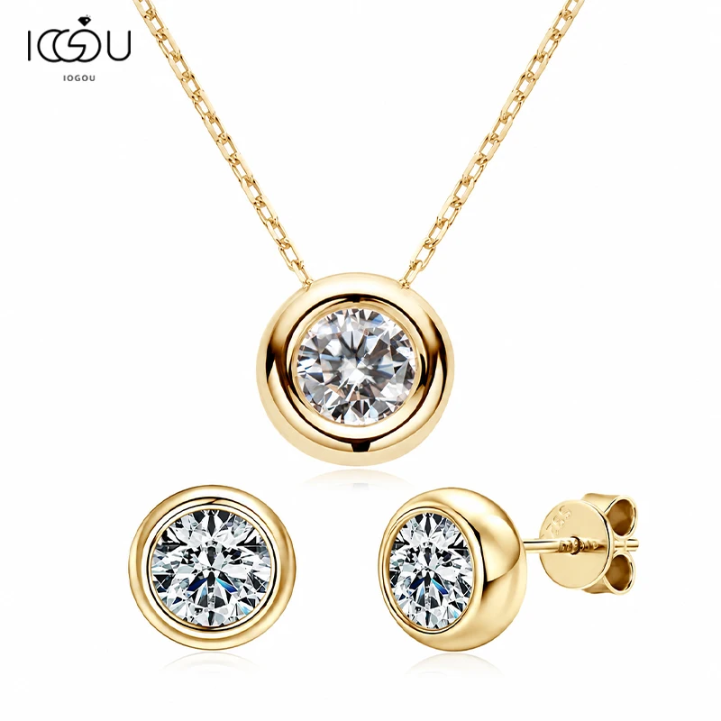 IOGOU VVS1 D Color Moissanite Jewelry Set 925 Sterling Silver GRA Bezel Round Cut Necklace Earrings Fine Jewelry for Women