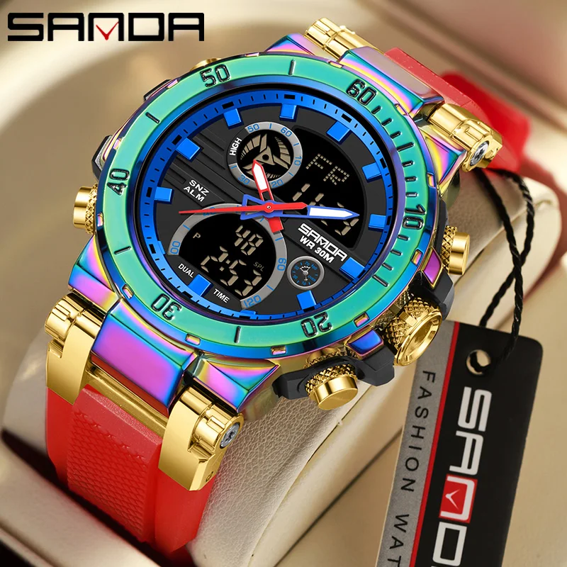 

SANDA Colorful Double-Display Outdoor Sports Style Men Watch Alarm Clock Analog Waterproof Stopwatch LED Digitals Quartz Watches