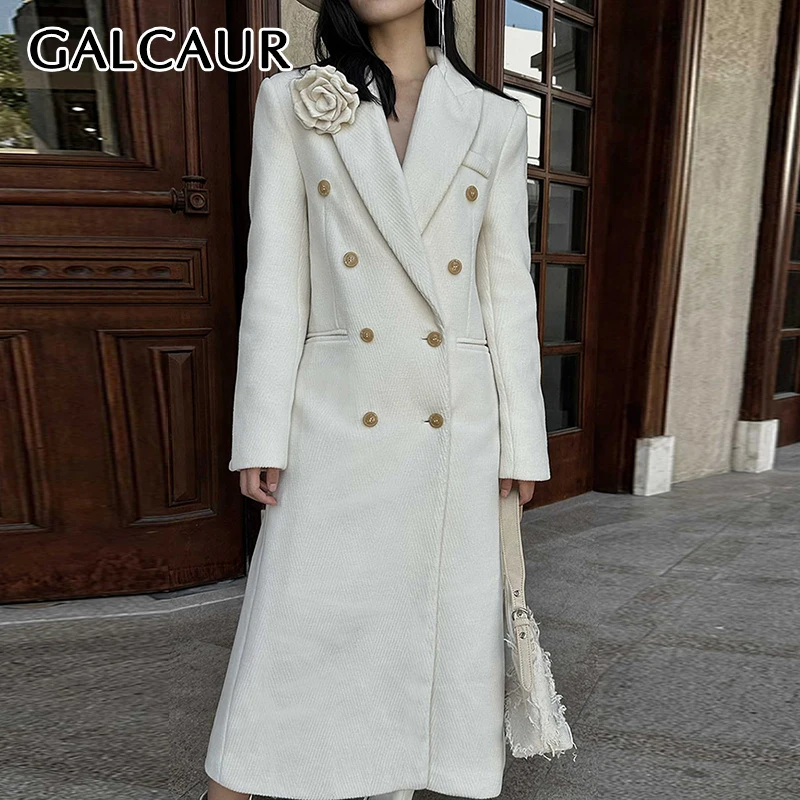 

GALCAUR Elegant Spliced Large Flower Womem's Woolen Coat Lapel Long Sleeve Patchwork Double Breasted Midi Length Outwear Female