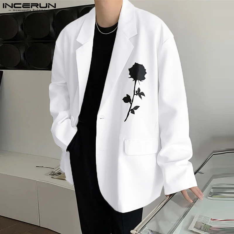 INCERUN Men Casual Blazer 2024 Autumn V Neck Long Sleeve Elegant Black And White Color Suit Rose Flower Printed Blazer Coats