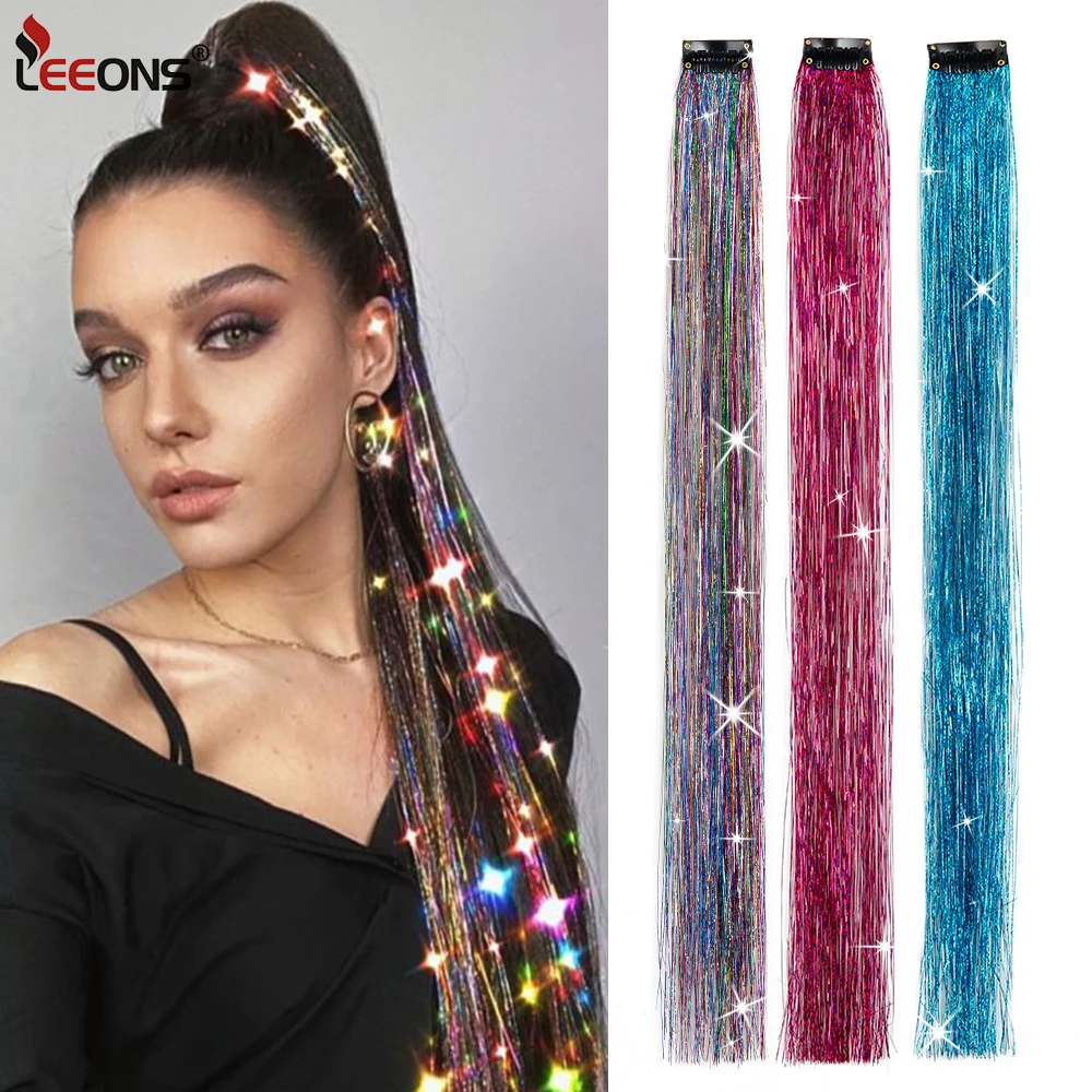 

Cheap Dazzles Shiny Tinsel Rainbow Silk Hair Extensions With Clips Sparkle Hair Extensions Heat Resistant Tinsel Hair Extensions