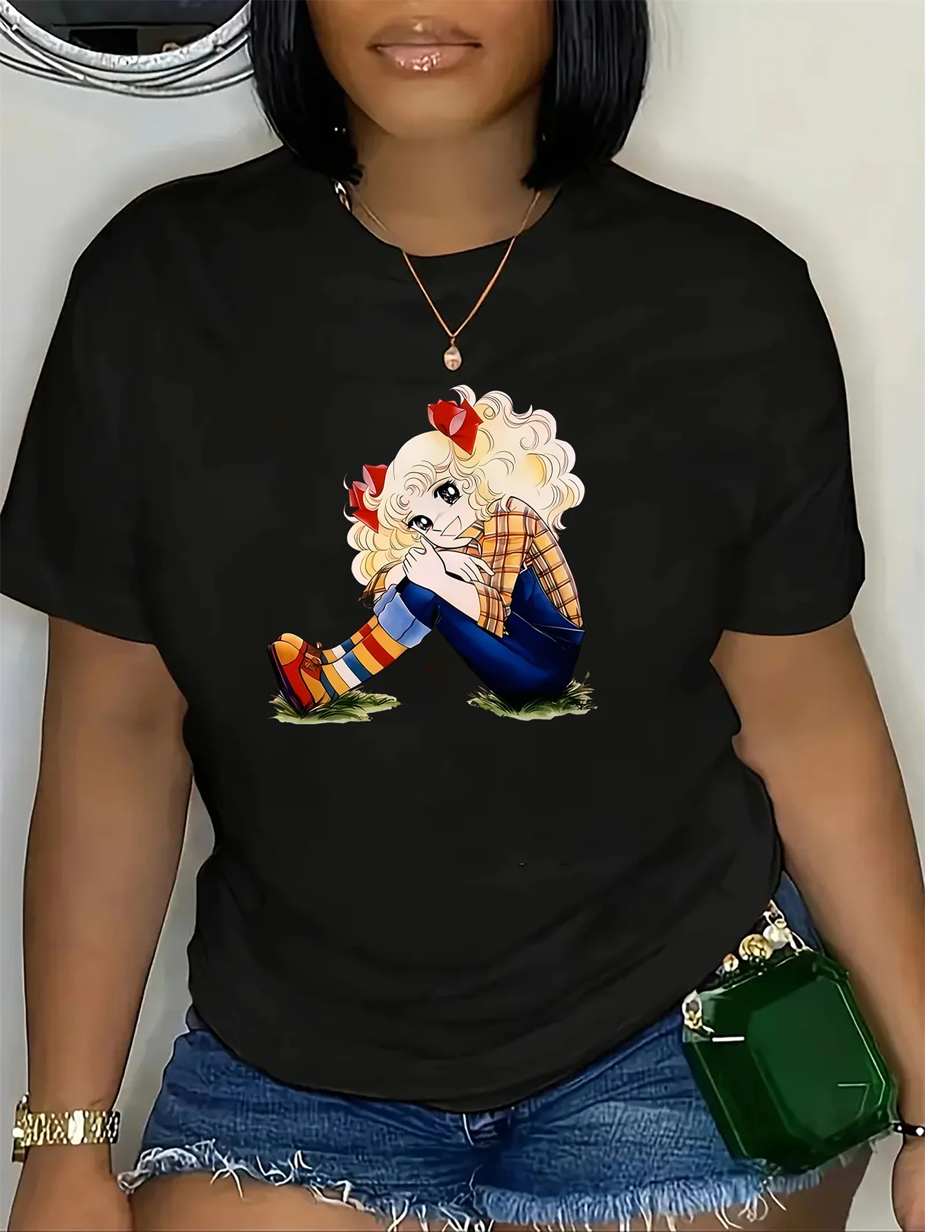 เสื้อยืดกีฬาพิมพ์ลายการ์ตูนน่ารักของผู้หญิง - เสื้อยืดแขนสั้นคอกลมสีดําซักด้วยเครื่องได้เหมาะสําหรับทุกฤดูกาล