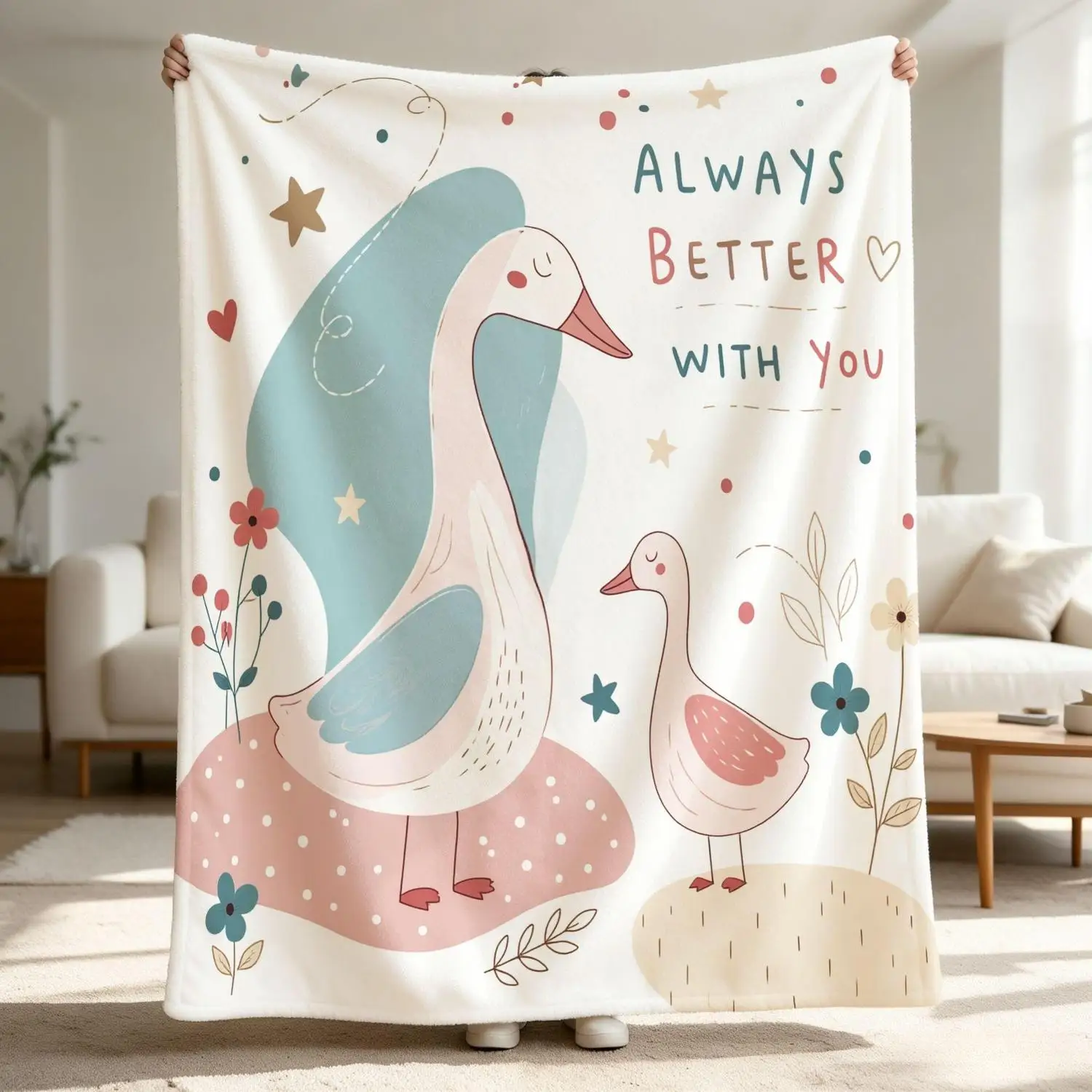 [Flannel Blanket] Soft Blanket, Goose Mom and Baby Goose, It's Better to Have You Than Not Having You, Nordic Style Throw Blanket