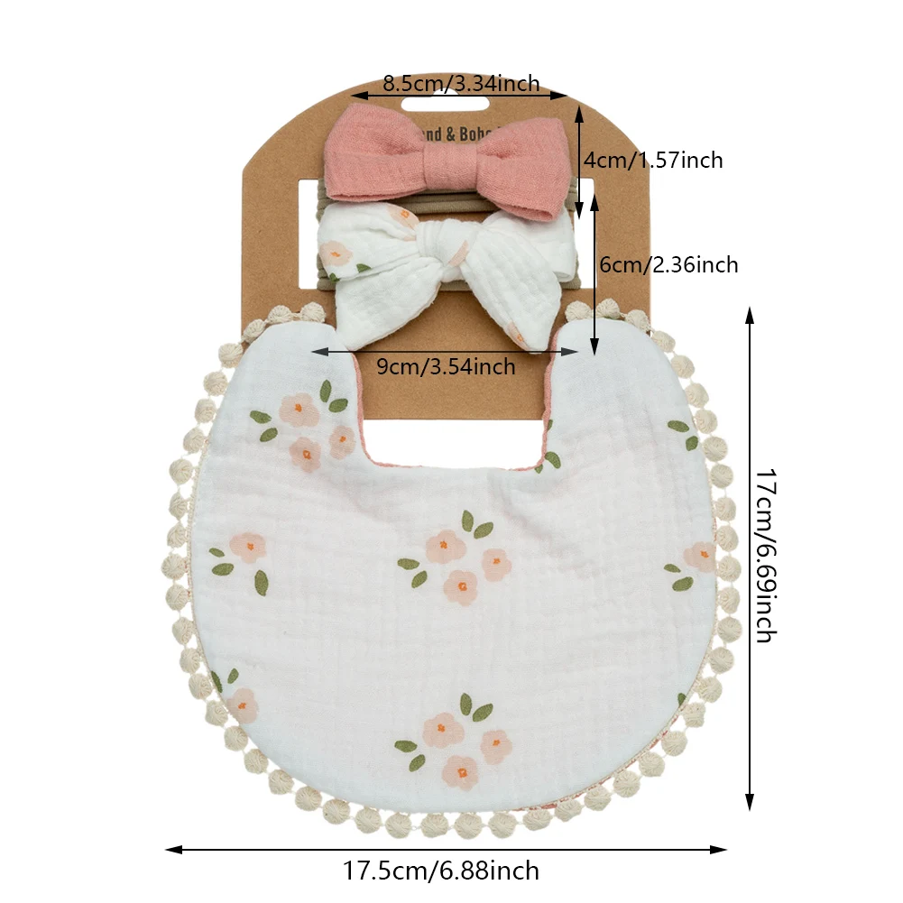 3 Pçs/set Baby Flower Bibs & Headbands Bow Nylon Hairbands Double Side Saliva Toalha Alimentação Burp Cloth Scarf Meninos Meninas Headwear