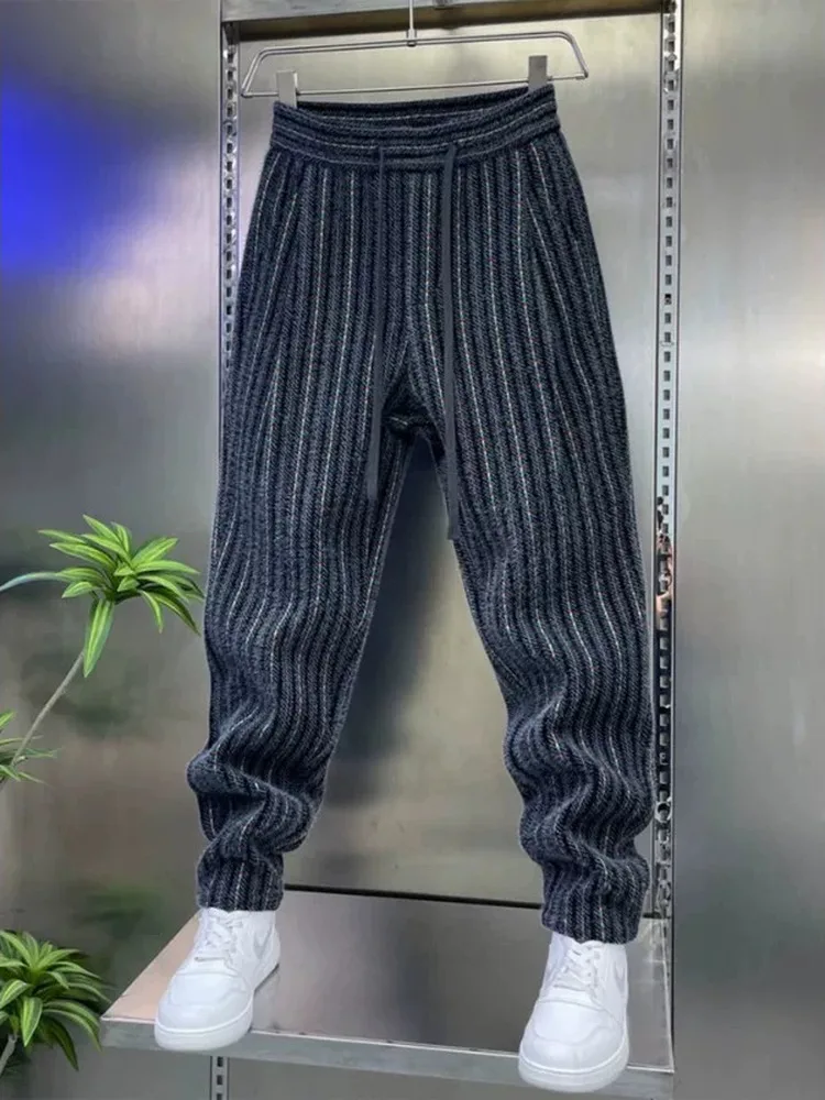 

Trendy Men's Loose Fit Casual Pants with Elastic Waist Vertical Stripes Drapey Cuffed Long Trousers Versatile for Spring 2026