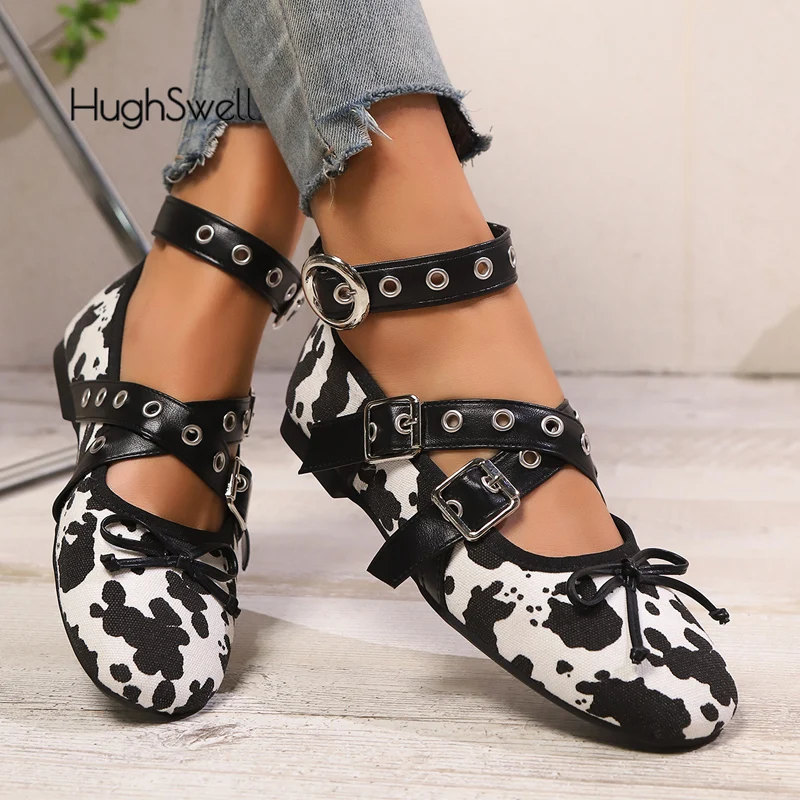 

Fashion Cow Print Lace Up Ballet Flats Woman Brand Design Ankle Buckle Strap Ballerina Shoes Ladies Casual Leopard Canvas Loafer