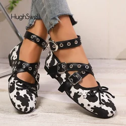 Fashion Cow Print Lace Up Ballet Flats Woman Brand Design Ankle Buckle Strap Ballerina Shoes Ladies Casual Leopard Canvas Loafer