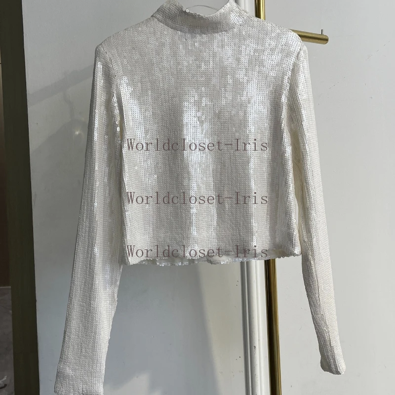 

Women White Sequin Embellished High Neck Top Long Sleeve Blouse for Cocktail Party