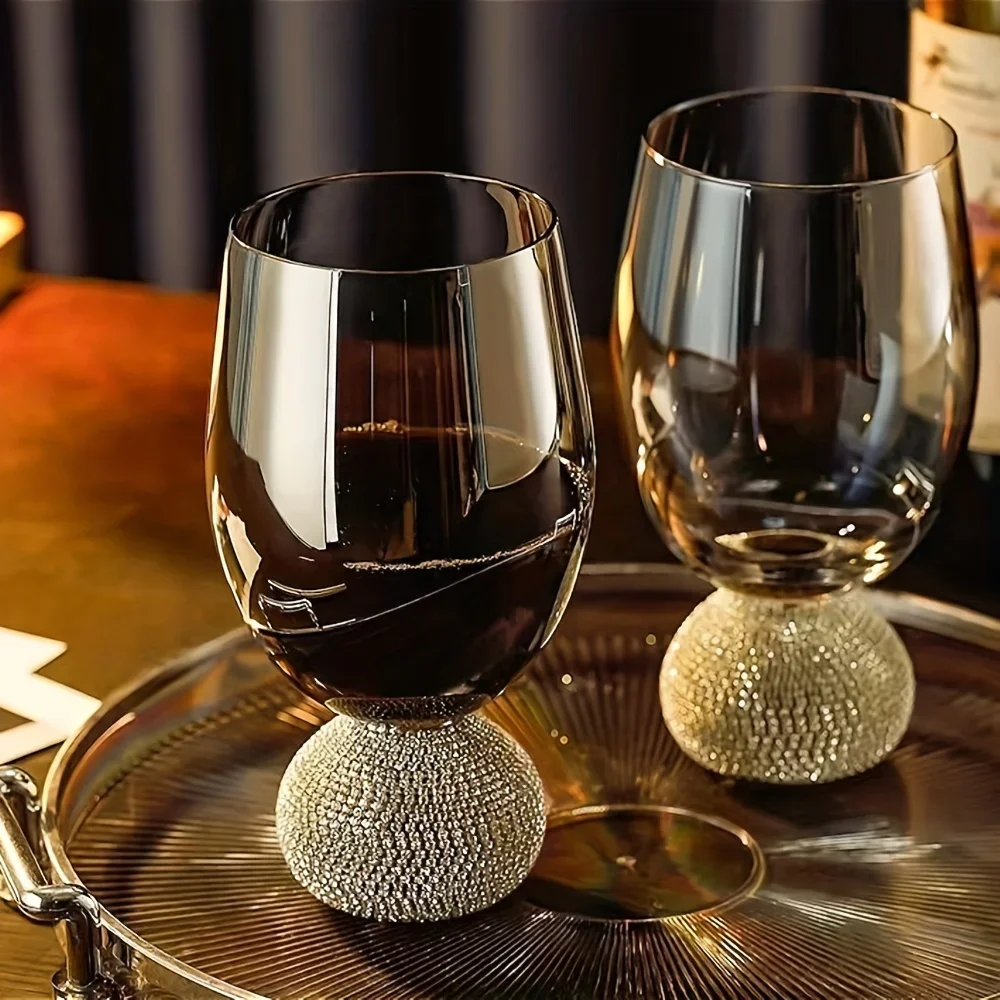 Luxury Stemless Wine Glass Cup Glassware Rhinestone Smoke Grey Reusable for Cocktails Red Wine Whiskey Cup Diamond Gifts