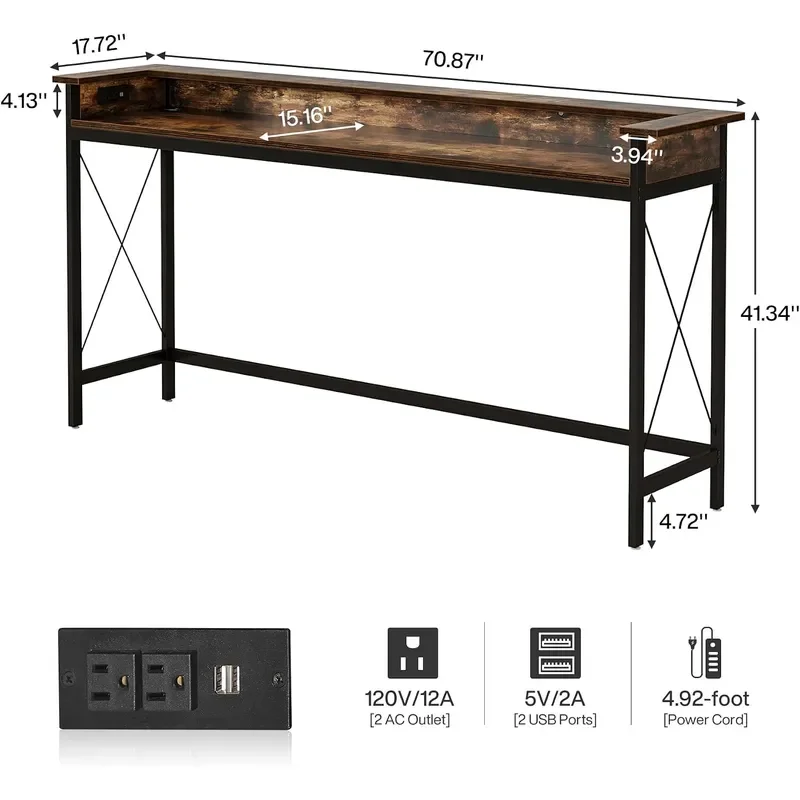 Sofa Table with Outlets and USB Ports 70.9 inch Extra Long Console Table Behind Couch with Charging Station Industrial Narrow
