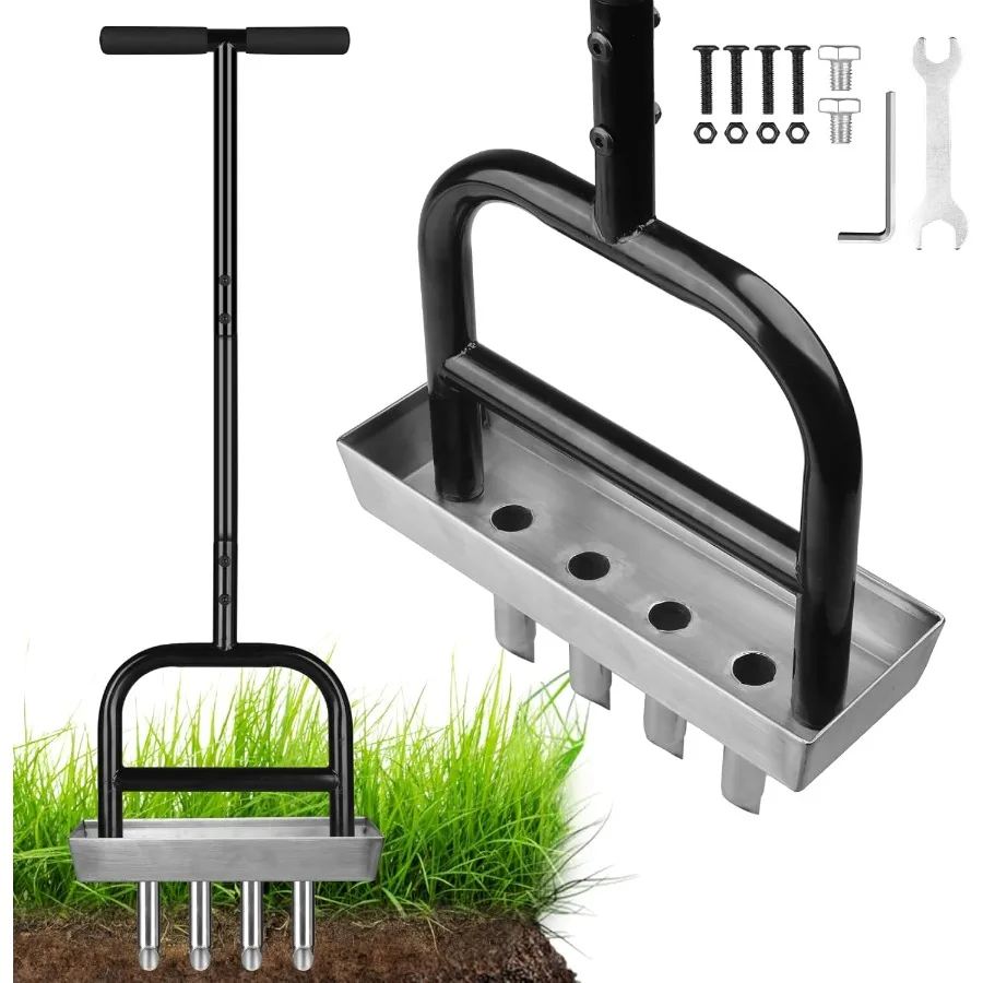 Arejador manual de gramado com bandeja de núcleo de solo para quintal, cuidados com o gramado, 4 núcleos de aço inoxidável, aerador para aeração de grama, ga resistente