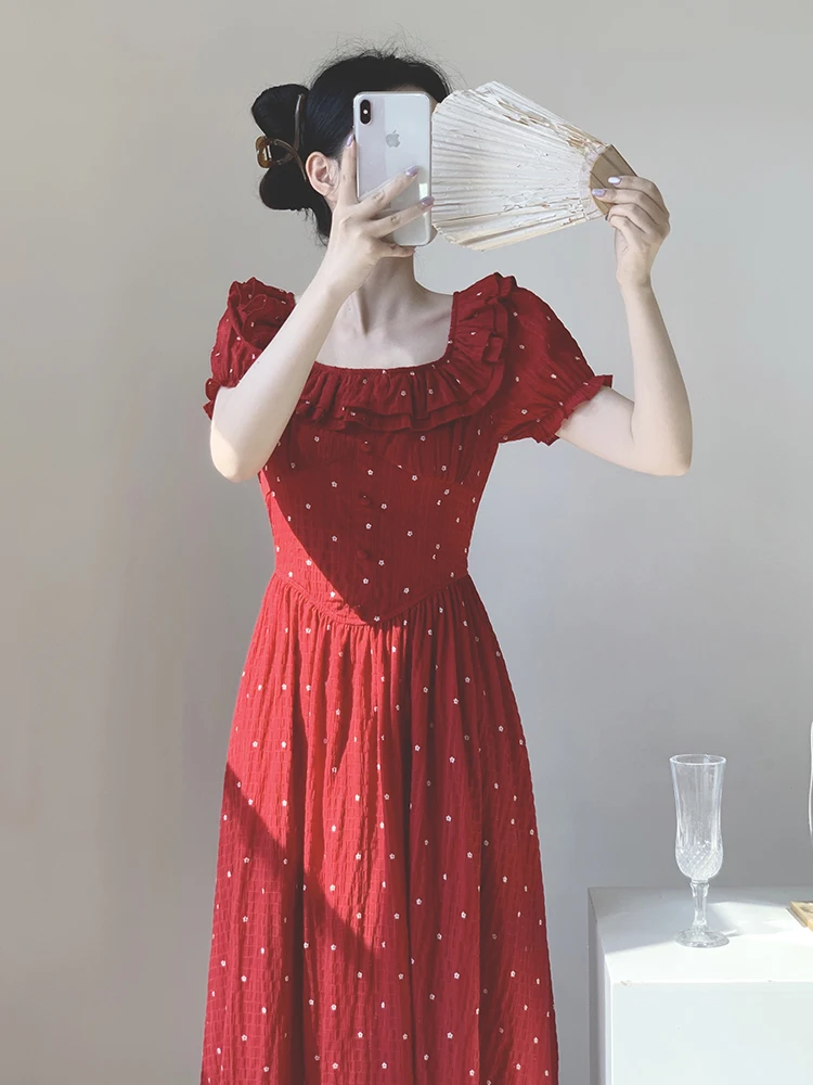 

Ele Red Polka Dot Dr Women's Summer Slimming Waist Unique Beautiful Holiday Sle Long Dr Commute Lady Sle
