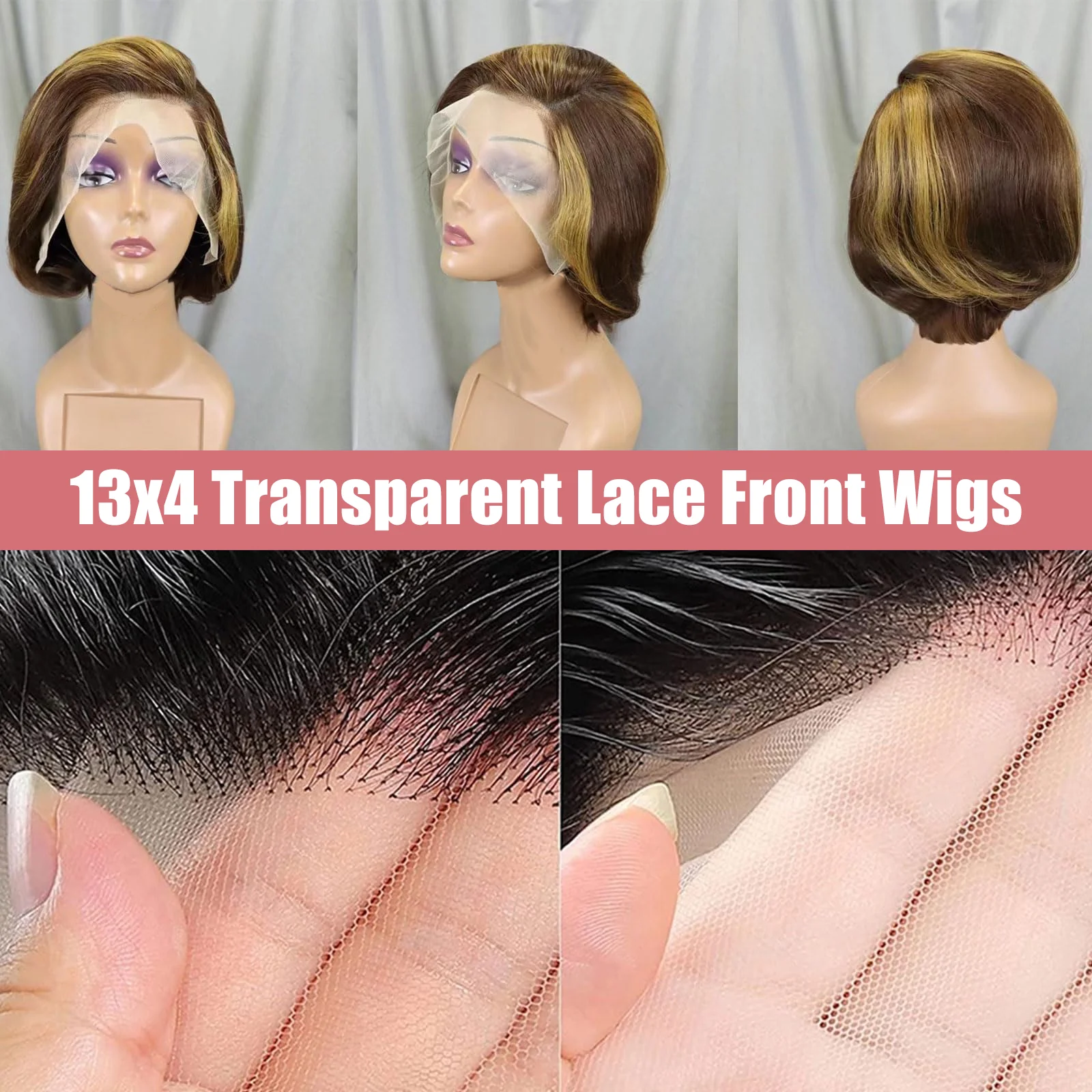 Hightlight Pixie Cut Wig P427 Transparent Lace Human Hair 13×4 Straight Human Hair Wigs Short Bob Wig For Women Natural Hairline