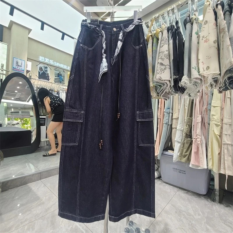 

Осенняя корейская версия, новые модные брюки-карго с высокой талией, женские свободные широкие джинсовые брюки-карго с большими карманами