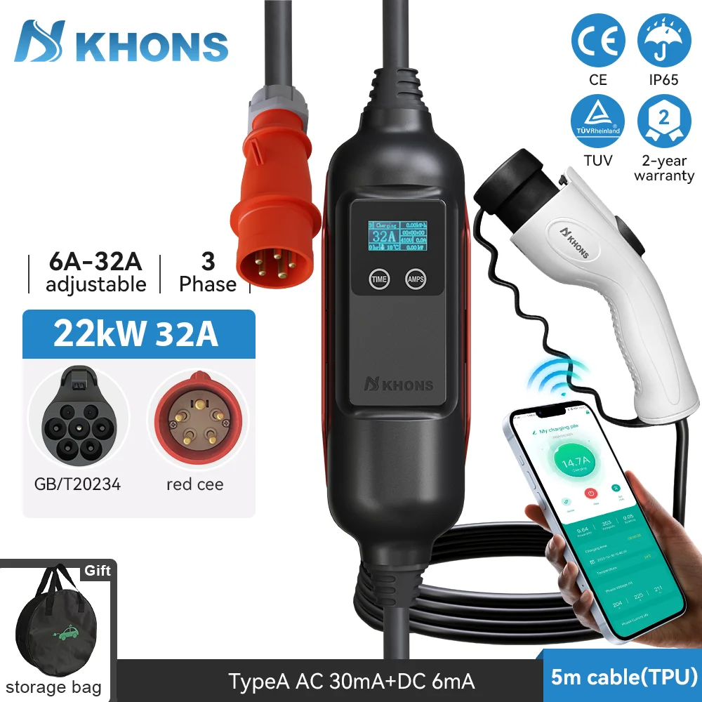 Khons GBT 22KW 32A cargador EV portátil trifásico Control de aplicación Wi-Fi caja de carga EVSE estación de carga para cargador de coche eléctrico