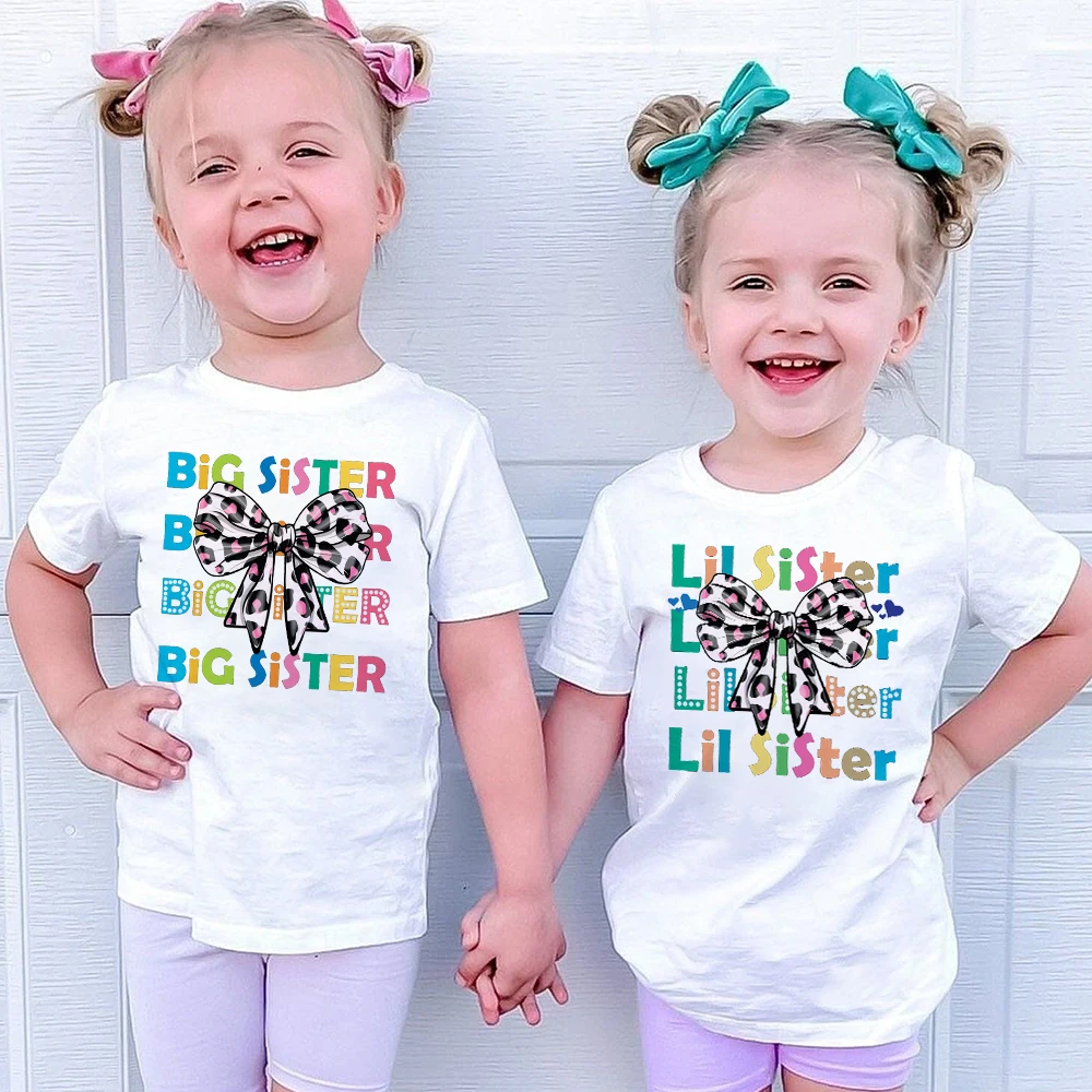 Big Sister Little Sister Bow Printed Kids Shirts Big Sis Little Sis Matching Outfit T-shirt Girls Short Sleeve Tee Tops Clothes