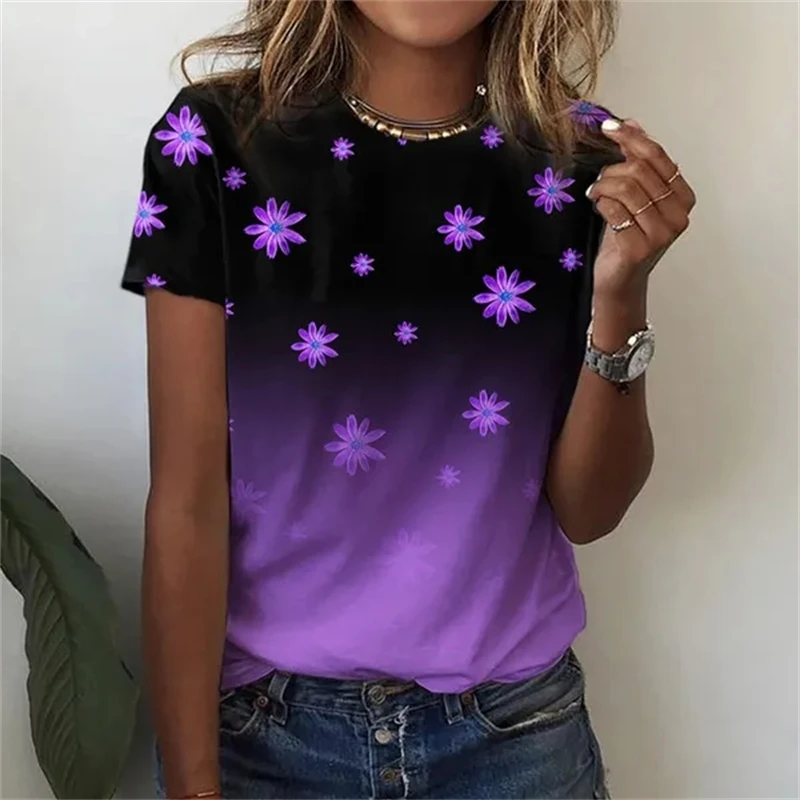 Summer Clothes Women's Fashion Casual O-neck Short Sleeved Tops Ladies Chrysanthemum Printed Blouses Loose T-shirts Clothing