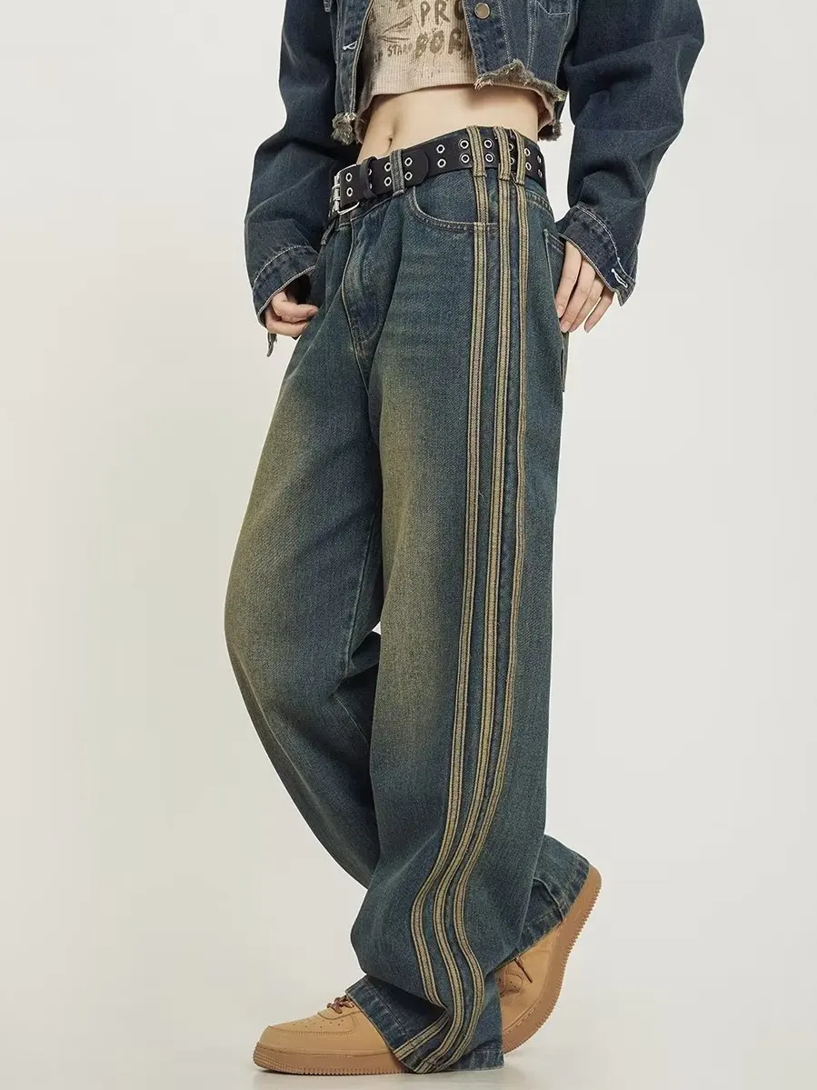 Korean Fashion Women's Vintage High Waist Streetwear Style Blue Jeans Pants Wide Leg Baggy Y2K Baggy Denim Trouser Female