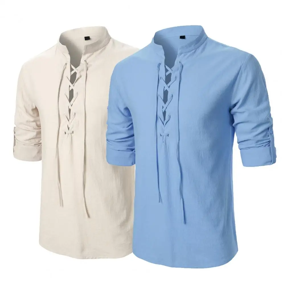 Spring Autumn Men Shirt Lace-up Stand Collar Long Sleeves Men Pullover Top with Cufflink Retro Mid Length Casual Office Top