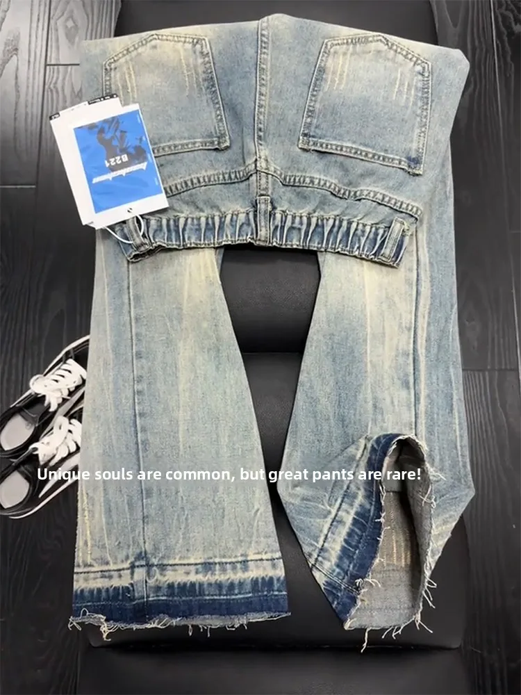 Cleanfit メンズ レトロ アメリカン スレ デニム ジーンズ サイド スリット フレイド ストレート レッグ パンツ カジュアル 通気性 コットン ブレンド パンツ