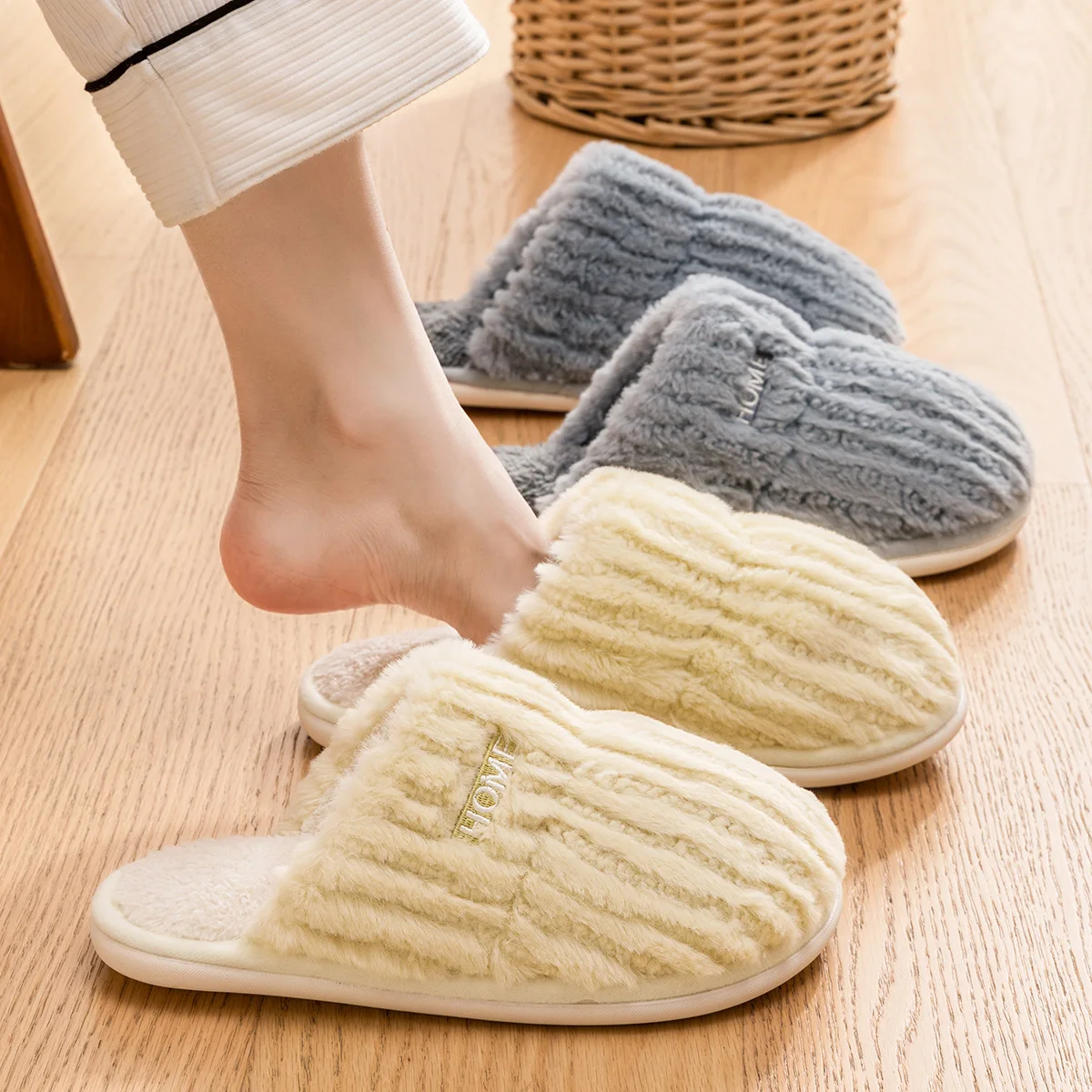 

New Men Slippers Home Concise Women Indoor Warm Slides Casual Striped Plush Shoes Couple Comfort Bedroom Anti-Slip Floor Flats