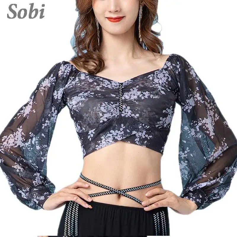 

New Women Belly Dance Long Sleeve Tops Fashion Chiffon Square Neck Crop Top Adult Oriental Dance Shirt Belly Dancing Costume Top