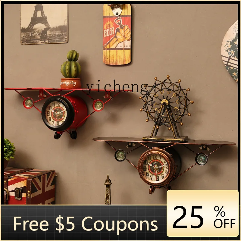 

YFY Vintage Wall Decoration Airplane Model Wall Clock Bar Wall Hanging Ornament Industrial Style Decoration