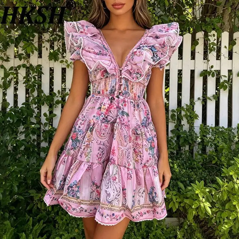 HKSH Women Dress French Style Elegant Flying Sleeve High-end Printed Patchwork Bow V-Neck Backless Fashion Short Dresses HK25699